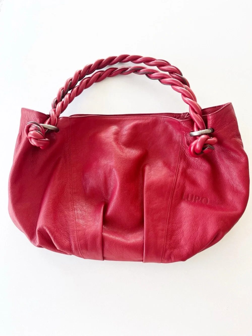 Lupo Barcelona Red Leather Braided Handle Hobo Shoulder Bag + Matching Zip Pouch